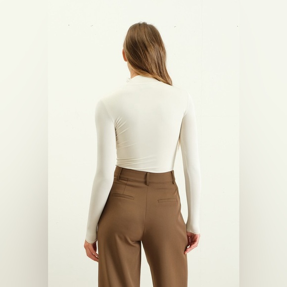 779. LAST 1! Cream Pullover Top Sexy Long Sleeve Mock Neck Solid - Picture 4 of 4